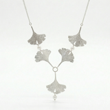 Five Silver Ginkgo Leaves Necklace With White Pearls