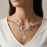 Five Silver Ginkgo Leaves Necklace With White Pearls