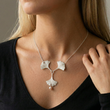 Three Silver Ginkgo Leaves Necklace Pink Pearl
