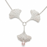 Three Silver Ginkgo Leaves Necklace Pink Pearl