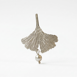 Silver Ginkgo Leaf Brooch with Pearl
