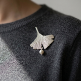 Silver Ginkgo Leaf Brooch with Pearl