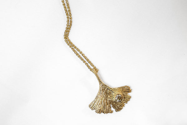 9ct Yellow Gold Ginkgo Leaf Necklace with Champagne Diamond