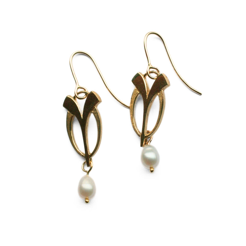 9ct Gold Seed Leaf Earrings with Pearl - No. 65