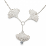 Three Silver Ginkgo Leaves Necklace Grey Pearl