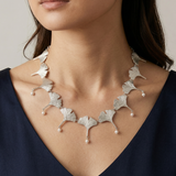 Full Silver Ginkgo Leaves Necklace with Drop Pearls