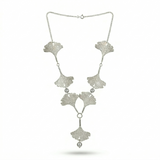 Seven Silver Ginkgo Leaves Necklace Grey Pearls