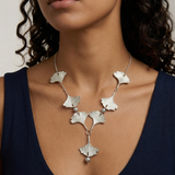 Seven Silver Ginkgo Leaves Necklace Grey Pearls