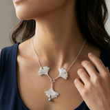 Three Silver Ginkgo Leaves Necklace Grey Pearl