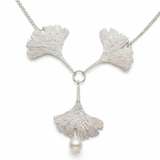 Three Silver Ginkgo Leaves Necklace White Pearl