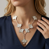 Seven Silver Ginkgo Leaves Necklace White Pearls