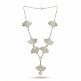 Seven Silver Ginkgo Leaves Necklace Pink Pearls