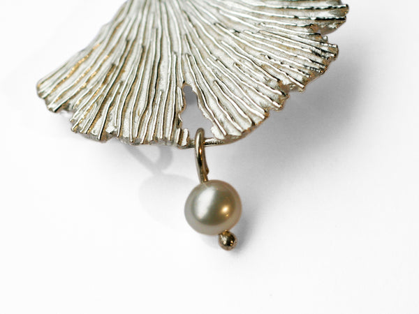 Silver Ginkgo Leaf Brooch with Pearl