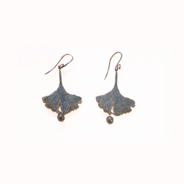 Blue Enamel Ginkgo Silver Earrings with Pearls