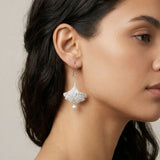 Silver ginkgo leaf earrings with pearl drops