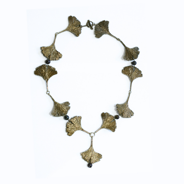 Ginkgo Leaf and Grey Pearl Necklace