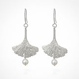 Silver ginkgo leaf earrings with pearl drops