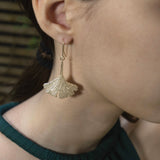 9ct Gold Large Ginkgo Leaf Drop Earrings