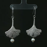 Silver ginkgo leaf earrings with pearl drops