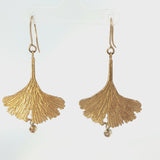 9ct Gold Ginkgo Leaf Earrings with Diamond Drops
