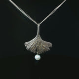 Silver Ginkgo Leaf Pendant with Pearl Drop